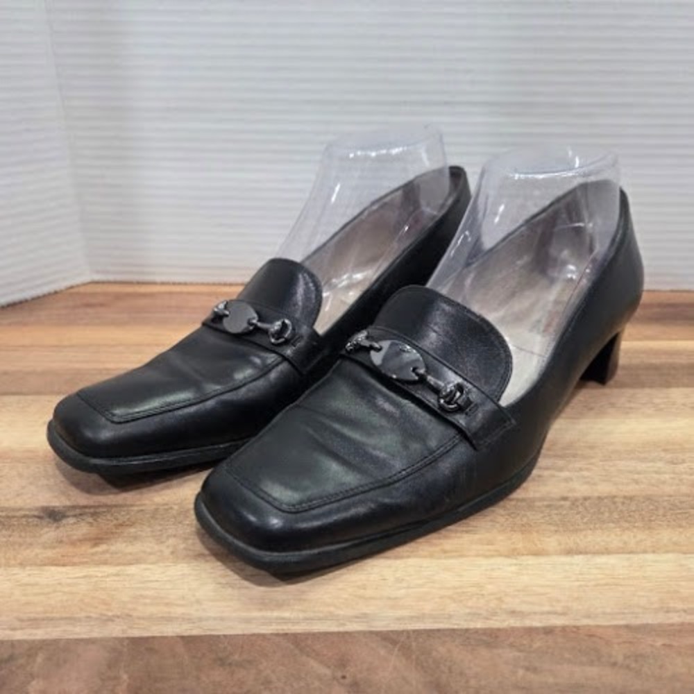 Talbots Loafer Pumps Women's 8.5 Black Italian Leather Square Toe Block Heel